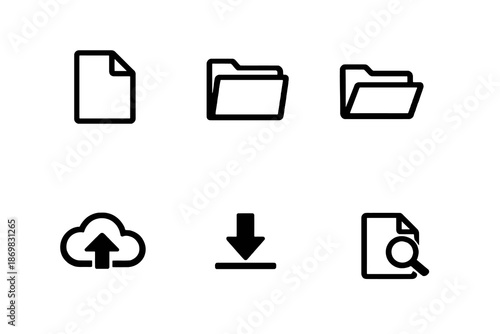 File management vector icon set featuring folders, documents and cloud file actions. Black flat icons ideal for dashboards, storage apps and web interfaces.