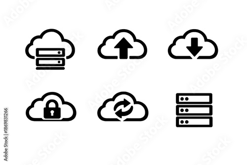 Cloud computing vector icon set featuring storage, sync and server elements. Black flat icons ideal for SaaS platforms, dashboards and web interfaces.