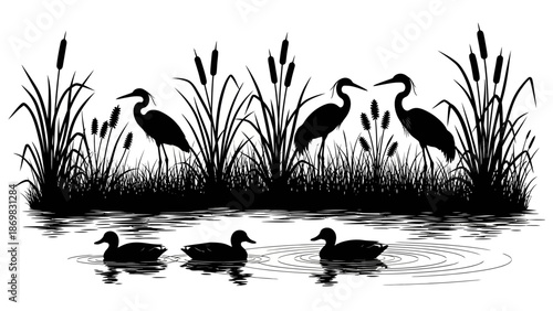 Birds Standing Among Tall Grasses and Reeds Near Water with Ducks Swimming
