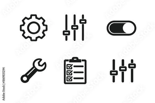 Controls and settings vector icon set featuring preferences, tools and adjustment icons. Black flat icons ideal for dashboards, SaaS platforms and web interfaces.