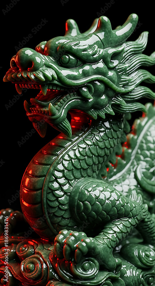 Fototapeta premium Majestic Chinese Jade Dragon Sculpture Illuminating with a Mysterious Red Glow on Black Background