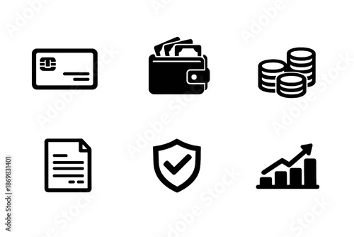 Payment and finance vector icon set featuring credit cards, invoices and secure transactions. Black flat icons ideal for fintech, ecommerce and business interfaces.