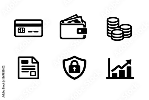 Finance and payment icon set with cards, money and billing symbols. Black flat vector icons with transparent background for UI, apps, websites and dashboards.
