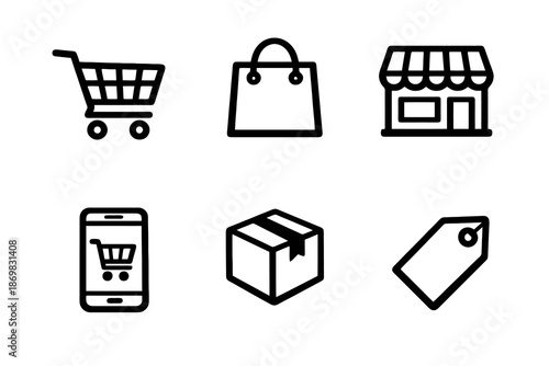 Online shopping vector icon set featuring cart, mobile commerce and retail elements. Black flat icons ideal for ecommerce platforms, dashboards and digital products.