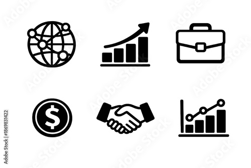 Global business icon set with economy, growth and analytics symbols. Black flat vector icons with transparent background for UI, apps, websites and dashboards.