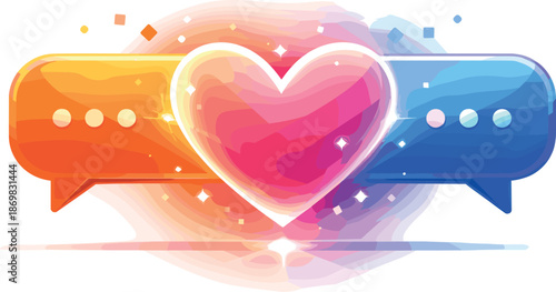 Digital Love Heart. Futuristic chat bubbles merging into a unified glowing heart symbol, modern flat vector illustration