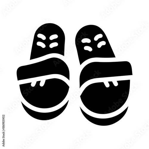 A minimalist black icon representing a comfortable pair of slippers or casual sandals