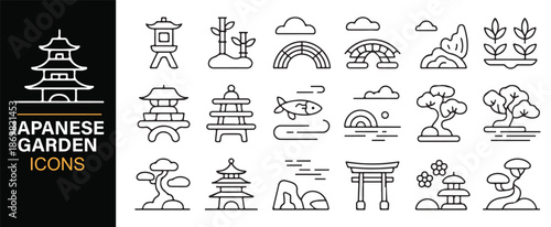 Japanese garden outline icons with temples and nature elements