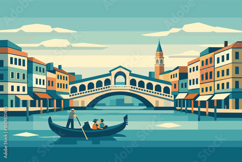 Venice Geometric Landscape. Venice: Canal bands front, gondola foreground, Rialto Bridge center, compact facades sides, bell tower