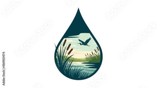 Serene wetland scene with water droplet, bird, and lush vegetation in a peaceful environment from a unique viewpoint