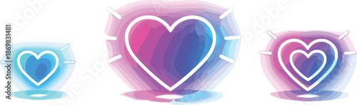 Neon Heart Glow. Futuristic heart symbols radiating light against a minimal backdrop, modern flat vector illustration representing