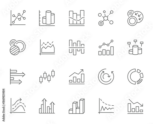 Line Icons of Business Charts Graphs and Analytics Symbols.