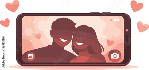Couple Silhouette Selfie. Smiling couple silhouettes captured within a smartphone frame and soft heart accents, modern flat vector