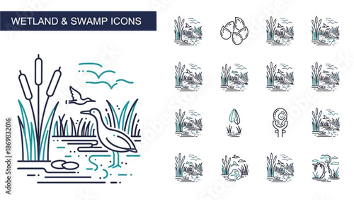 Illustration of wetland and swamp icons featuring heron and plants in a serene environment