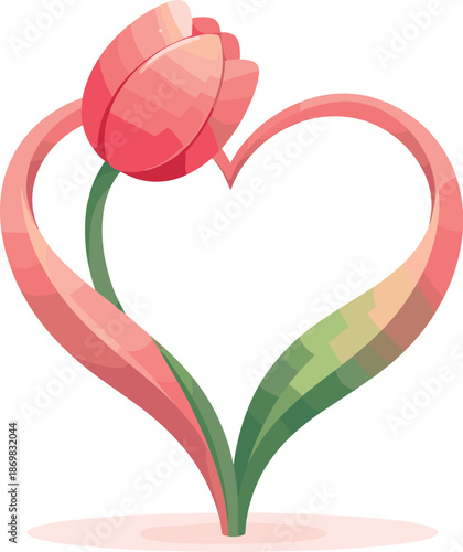 Tulip Heart Silhouette. Single tulip silhouette gently curved into a heart-like posture, modern flat vector illustration