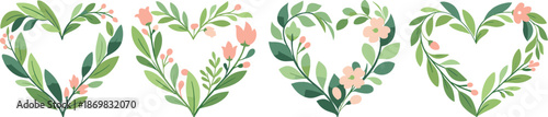 Botanical Heart Art. Heart shapes formed from intertwined leaves and delicate botanical elements, modern flat vector illustration