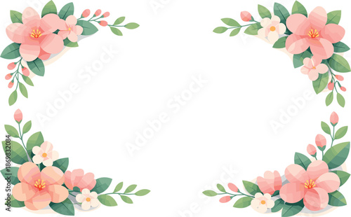 Soft Floral Frame. Floral border built from soft blossoms and leaves forming a gentle rectangular frame, modern flat vector