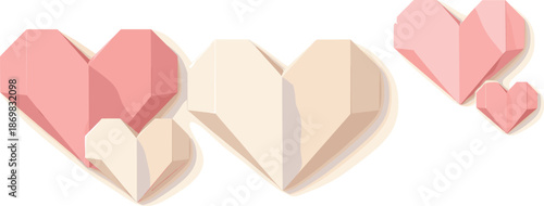 Origami Heart Art. Folded origami heart shapes with crisp edges and gentle paper depth, modern flat vector illustration