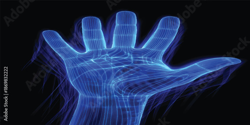 Seamless motion of an abstract human hand with alpha channel glowing with blue electric lightning and plasma energy patterns on a dark technology background