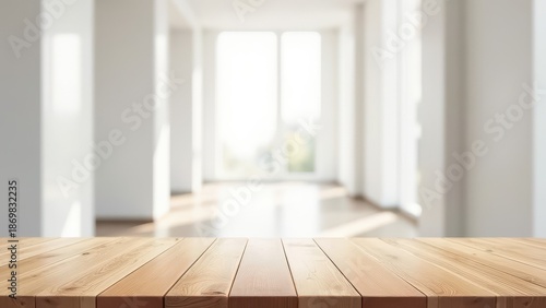 Wood table top on white blurred abstract hallway background for product display and montage
