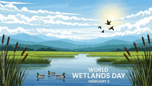 Serene Wetland Scene with Birds and Reeds on a Sunny Day