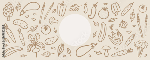 Banner with Vegetables for text. Minimalist doodle background with fresh organic harvest. Hand drawn line art pattern. Farming product. Healthy food. Sketch with tomatoes, cucumbers, carrots, potatoes