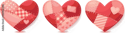 Patchwork Heart Art. Patchwork heart shapes assembled from soft fabric-like segments with cozy handmade charm, modern flat vector