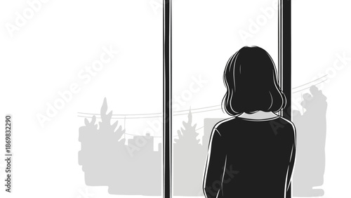 Woman Standing Alone by Window Silhouette.