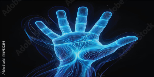 Glowing blue x-ray of a human hand featuring electric plasma patterns and fractal design textures over a black background with liquid motion energy