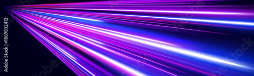 Bright neon wave moves like a comet across a dark background. Light streaks create a sense of acceleration and motion. Futuristic abstract design with glowing energy flow.