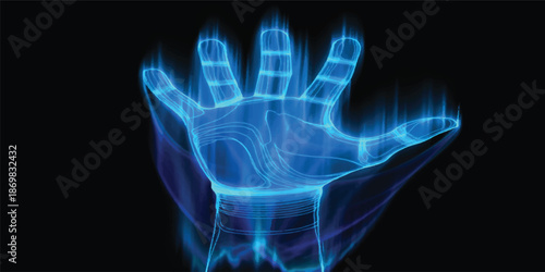 A blue x-ray of a human hand glowing with energy and motion waves against a black texture design background with a fractal smoke effect