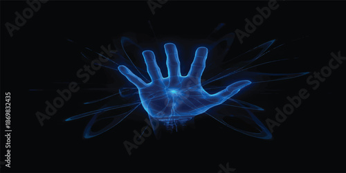 A glowing blue jellyfish floats in the dark water as a fractal energy wave of light and plasma patterns flows from the hand in this fantasy art illustration concept