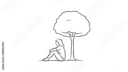 Woman Sitting Under Tree Relaxing Peacefully.