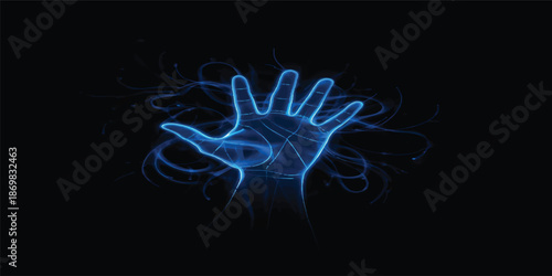 A vibrant blue jellyfish flows through dark water like a smooth swirl of smoke and glowing light, creating an artistic pattern of energy with its flowing curves and fire-like motion against a black ba