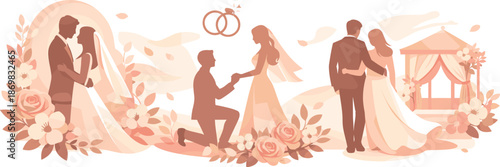 Elegant Wedding Silhouettes. Elegant wedding silhouettes framed by soft florals and gentle romantic motion, modern flat vector