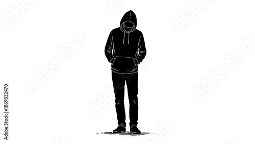 Man Wearing Hoodie Standing with Hands in Pockets.