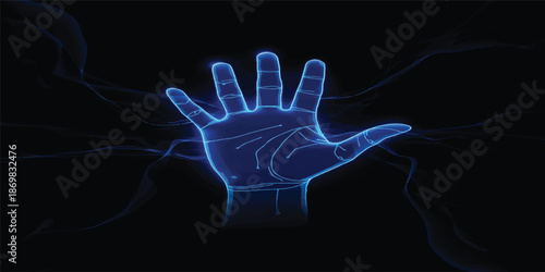 An abstract blue light silhouette reveals the energy of a woman's hand and fingers in this x-ray image of a human hand palm and arm against a black concept