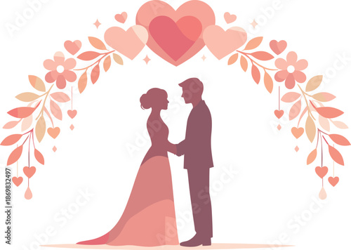 Love Ceremony Silhouettes. Ceremonial couple silhouettes joined beneath a symbolic arch of hearts and florals, modern flat vector