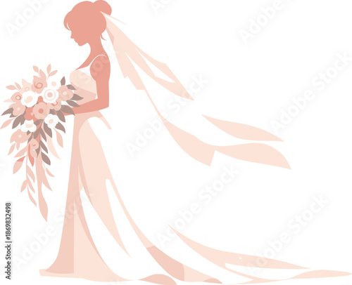 Bridal Elegance Illustration. Elegant bride silhouette holding a flowing bouquet with soft romantic posture, modern flat vector