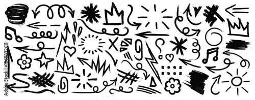 Hand Drawn Doodle Icons Collection Featuring Arrows Hearts Stars.
