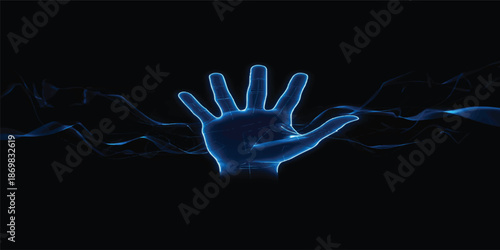 An abstract silhouette of a person’s hand reaching out toward the blue light as a gesture of life and help
