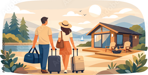 Couple's Cozy Getaway. Relaxed couple arriving at a cozy retreat with bags and soft landscape hints of escape, modern flat vector