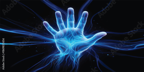 Smooth blue jellyfish motion creates an abstract wave pattern with flowing light curves and smoke swirls on a dark black background