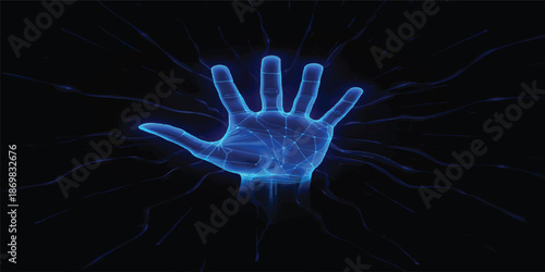 Glowing blue jellyfish glide through water, creating a fractal pattern of light and plasma energy against a black backdrop in this motion art illustration