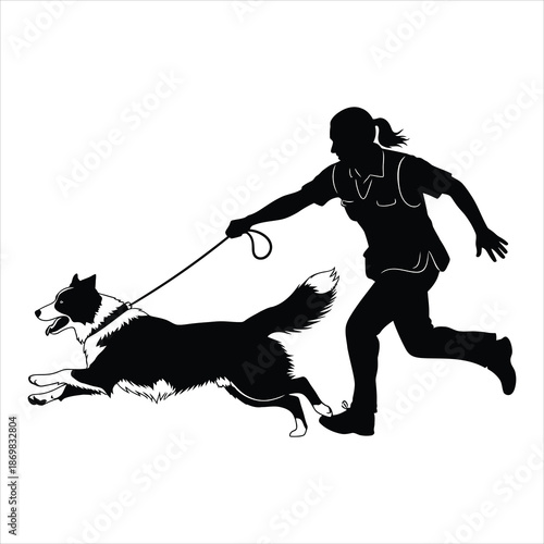 Dog trainer running beside dog on leash during agility warm-up silhouette vector illustration isolated in black and white