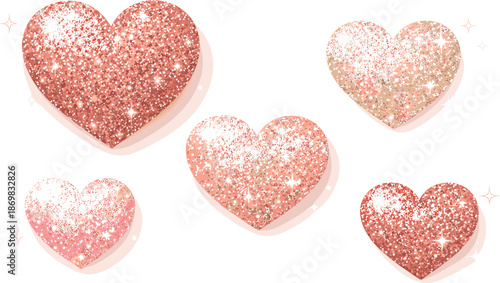 Glittering Heart Shapes. Sparkling heart shapes shimmering with fine glitter texture and soft radiant glow, modern flat vector