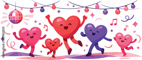 Dancing Party Hearts. Vibrant heart shapes dancing amid festive lights and playful motion, modern flat vector illustration