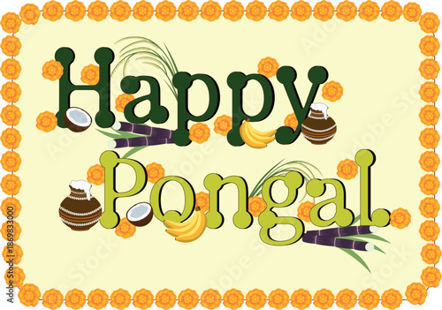 Happy Pongal Festival Greeting Card With Sugarcane Banana Pot Vector Illustration