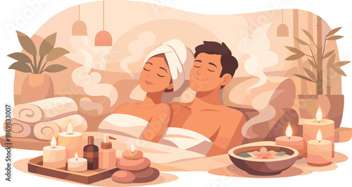 Couple's Spa Retreat. Serene spa interior with a couple relaxing side by side amid steam, candles, and soft towels, modern flat