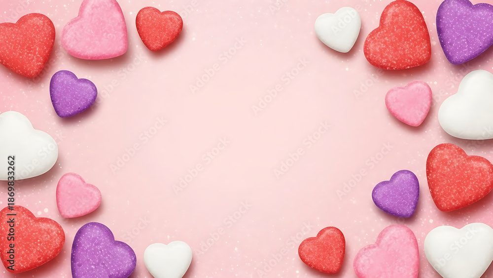 Fototapeta premium A pink background with colorful hearts scattered around the edges, creating a festive and playful atmosphere.